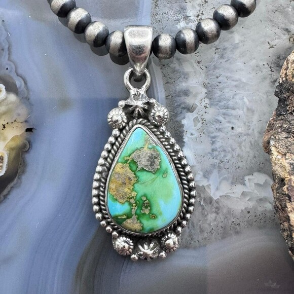 Sterling Southwestern Style Teardrop Sonora Gold Turquoise Decorated Pendant #1 - Picture 1 of 10